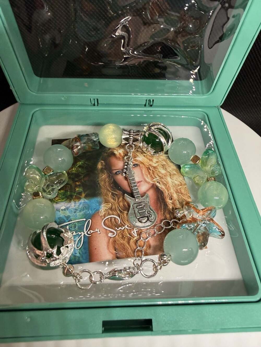 Taylor Swift Inspired Green Bead and Guitar Charm Bracelet in Gift Box